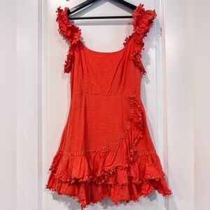 Annie Ruffle Shoulder Strap Layered Hem Mini Dress Orange; Size: Medium